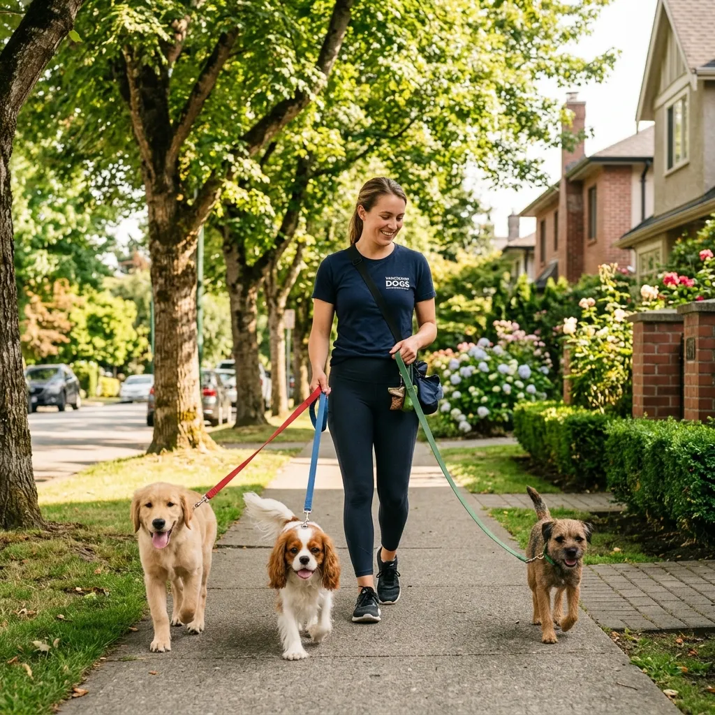 Professional dog walker walking happy dogs